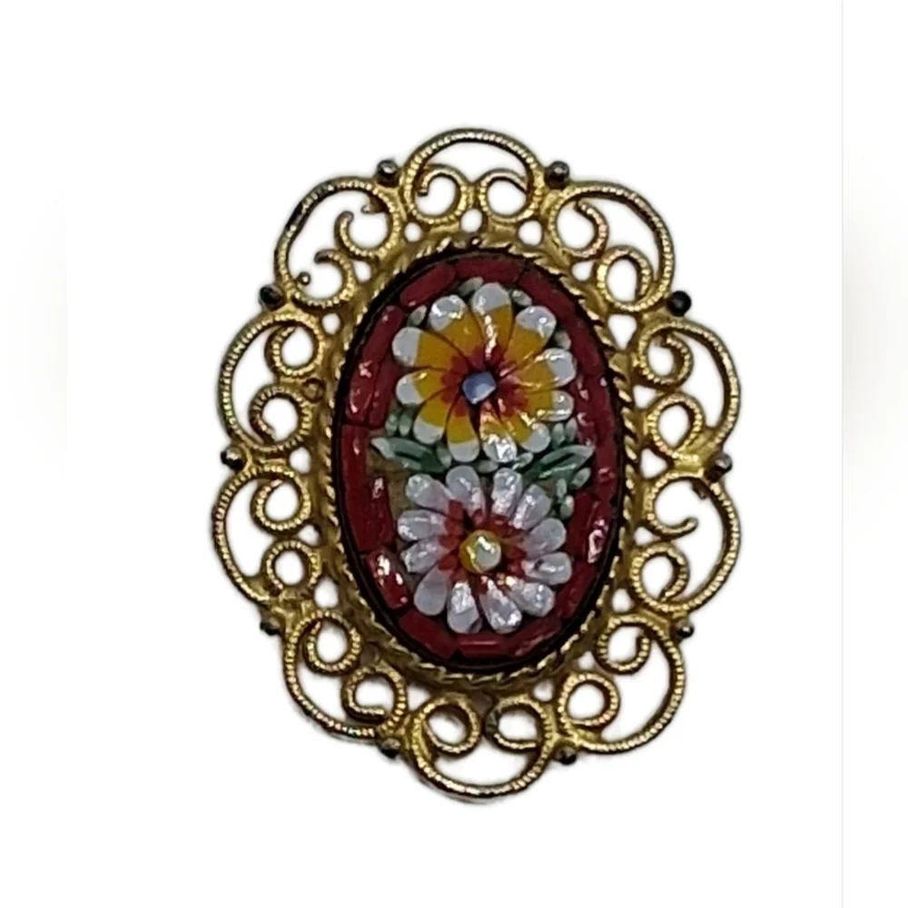 Vintage Italian Micro Mosaic Floral Brooch - Intricate Gold Tone Scroll Frame